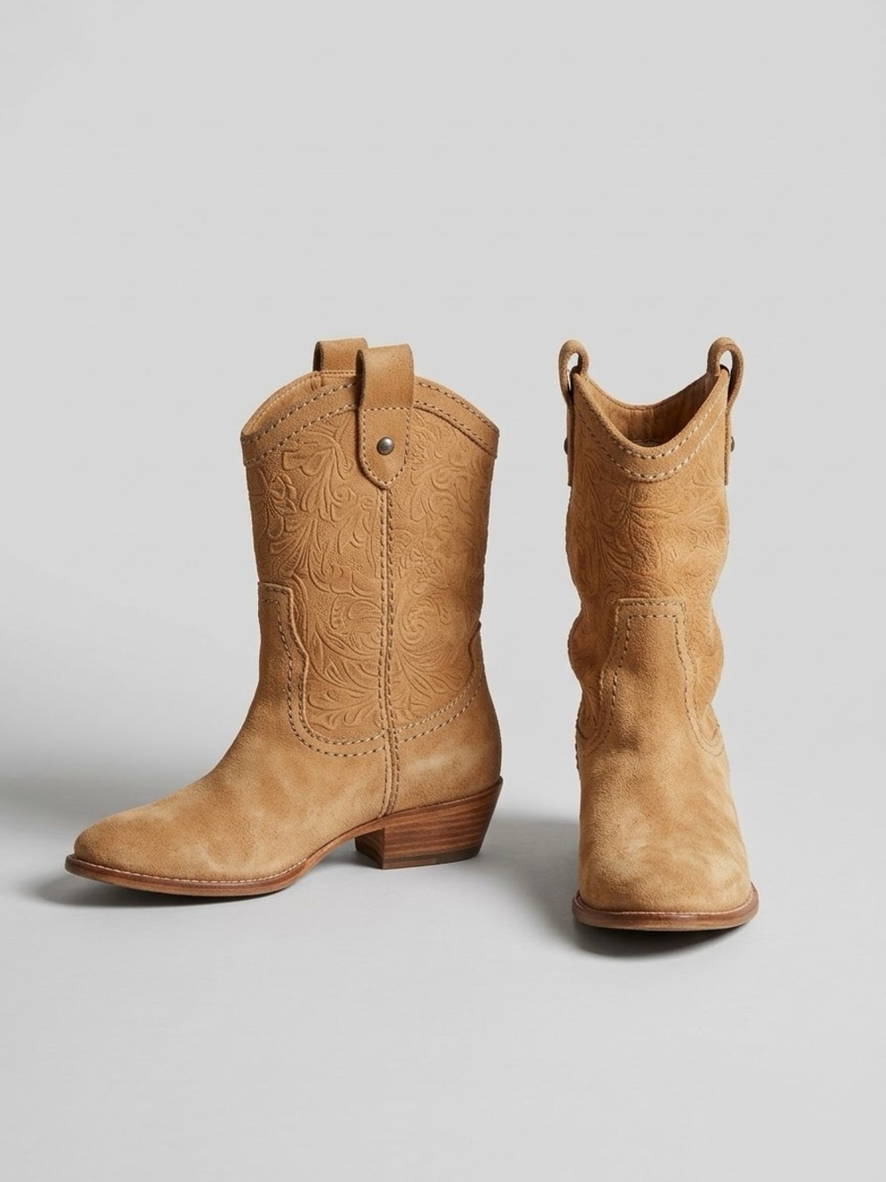 Vintage Fossil Suede Floral Embossed Western Cowboy Boots | Mid-Calf